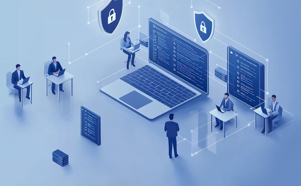 Isometric illustration of people working at laptops connected by lines, with shield and document icons indicating secure collaborative email.